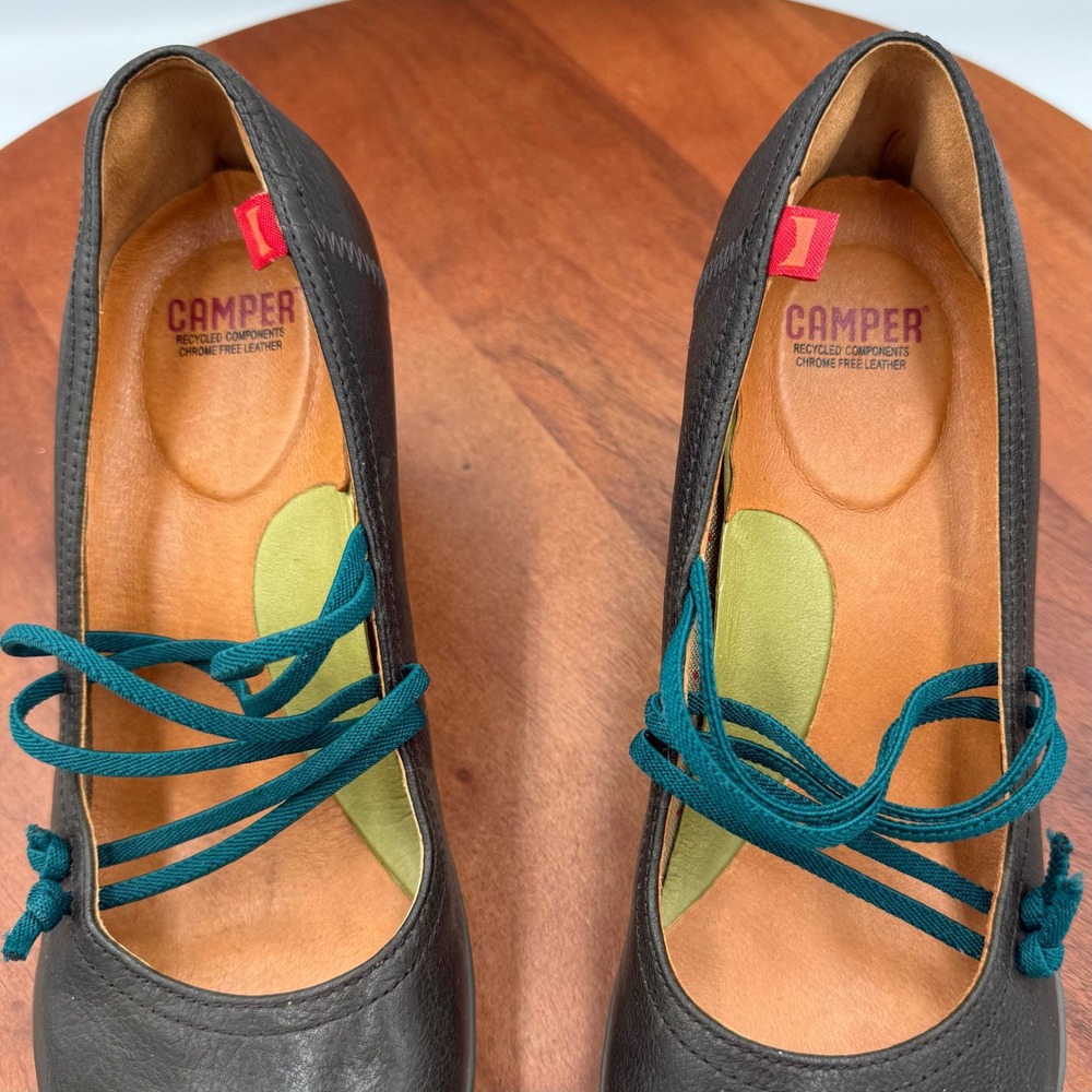 Camper‎ Beginner Heels Dark Gray Leather Elastic Mary Jane Pumps Womens 7 Twee - Picture 11 of 13
